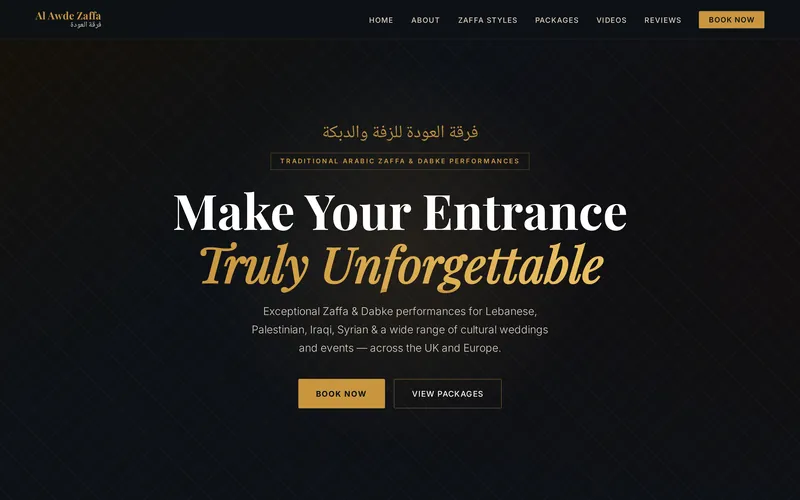 Al Awde Zaffa homepage with the headline Make Your Entrance Truly Unforgettable