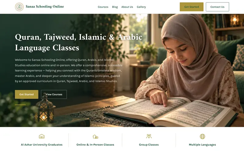 Sanaa Schooling Online homepage with its Quran, Tajweed, Islamic and Arabic classes intro